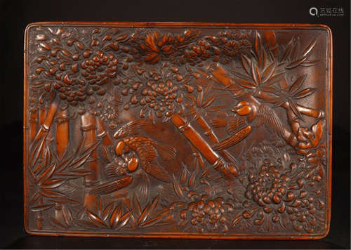 CHINESE BOXWOOD BIRD AND BAMBOO TRAY