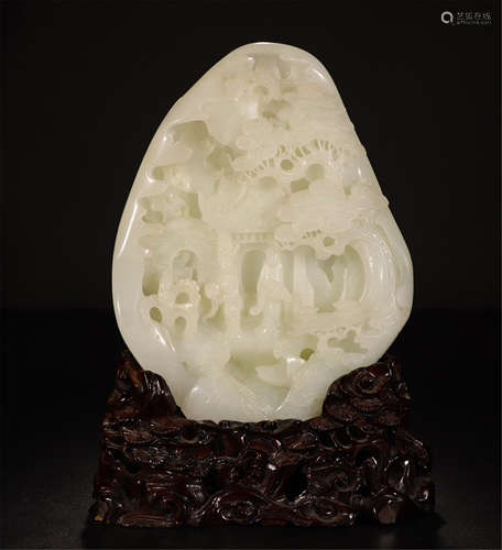 CHINESE WHITE JADE MAN UNDER TREE TABLE ITEM