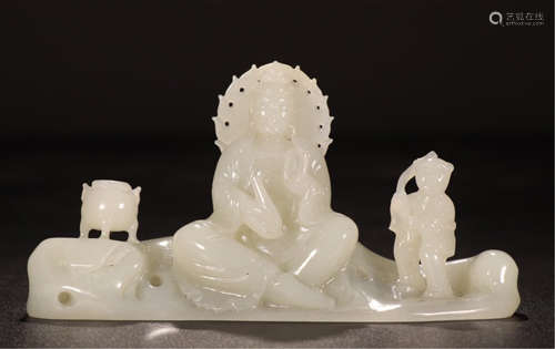 CHINESE WHITE JADE SEATED GUANYIN AND BOY TABLE ITEM