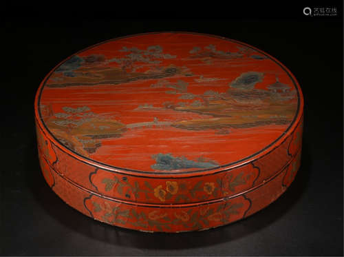 CHINESE RED LACQUER LAKEVIEW LIDDED ROUND BOX