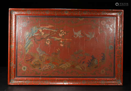 CHINESE RED LACQUER BIRD AND PEACH SQUARE TRAY