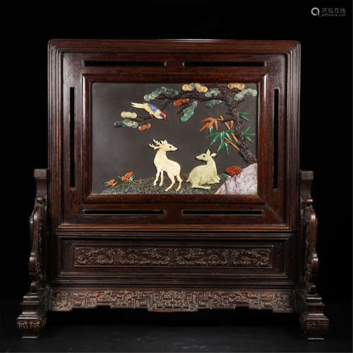 CHINESE GEM STONE INLAID HARDWOOD ZITAN TABLE SCREEN