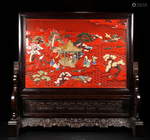 CHINESE GEM STONE INLAID CINNABAR PLAQUE HARDWOOD ZITAN TABLE SCREEN