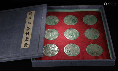 NINE CHINESE JADEITE EIGHT IMMOTRALS ROUND PLAQUES