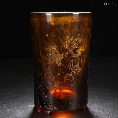 CHINESE TEA PEKING LGASS BIRD AND FLOWER CUP