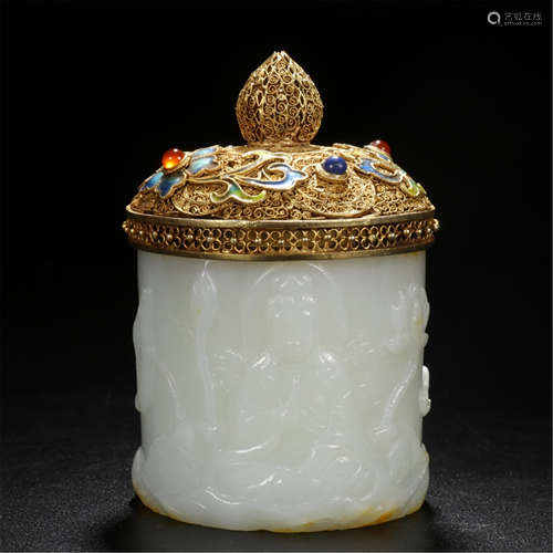 CHINESE WHITE JADE SEATED BUDDHA GILT SILVER ENAMEL LIDDED ARCHER RING CASE