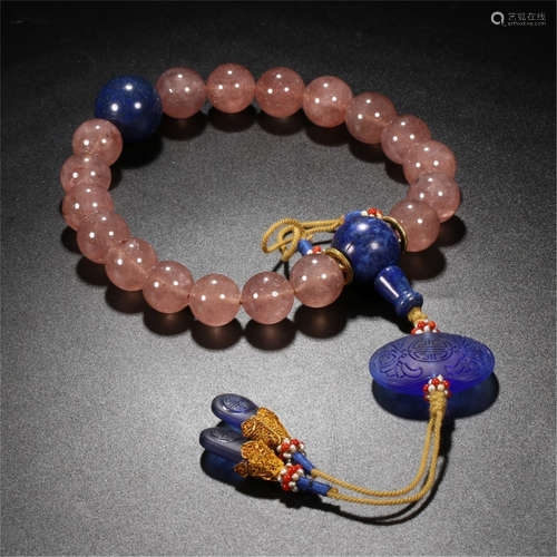 CHINESE PINK ROCK CRYSTAL BEAD BUDDHIST BRACELET