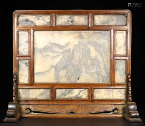 CHINESE MARBLE STONE PLAQUE HARDWOOD HUANGHUALI TABLE SCREEN