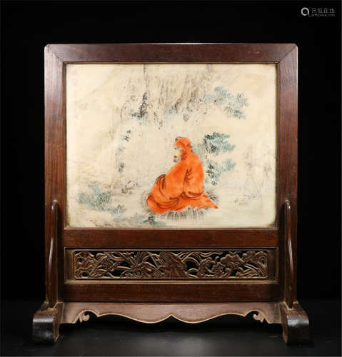 CHINESE MARBLE STONE LOHAN PLAQUE HARDWOOD HUANGHUALI TABLE SCREEN