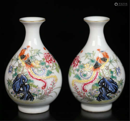 PAIR OF CHINESE PORCELAIN FAMILLE ROSE PHOENIX AND FLOWER YUHUCHUN VASES