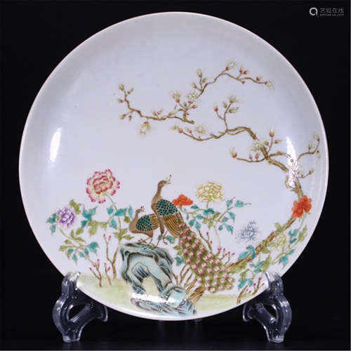 CHINESE PORCELAIN FAMILLE ROSE PEACOCK AND FLOWER PLATE