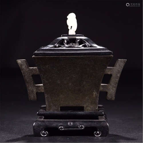 CHINESE BRONZE HANDLED SQUARE CENSER WITH ROSEWOOD LIDDER AND BASE