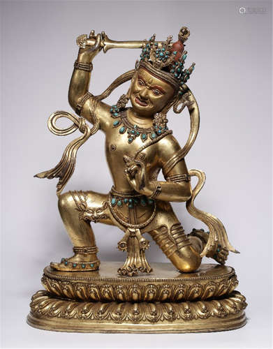 TIBETAN GILT BRONZE KNEELING BUDDHIST GUARDIAN