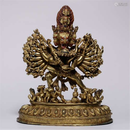 TIBETAN GILT BRONZE THOUSAND ARMS BUDDHIST GUARIDAN