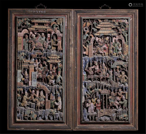 PAIR OF CHINESE COLOR PAINTED WOOD WINDOW PANELS