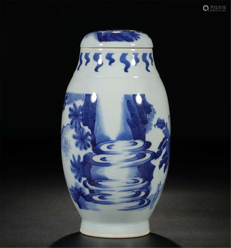 CHINESE PORCELAIN BLUE AND WHITE MOUNTAIN VIEWS LIDDED JAR