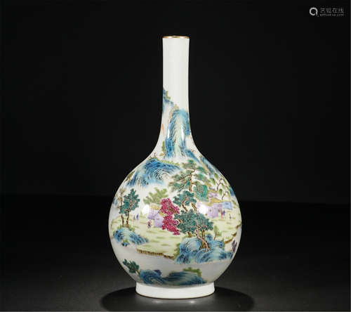 CHINESE PORCELAIN FAMILLE ROSE MOUNTAIN VIEWS VASE