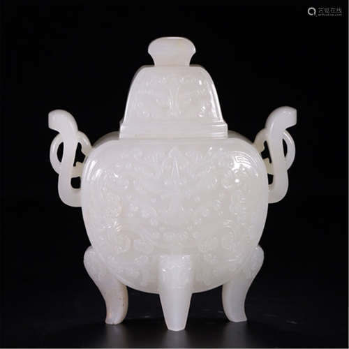 CHINESE WHITE JADE TRIPLE FEET HANDLED LIDDED CENSER