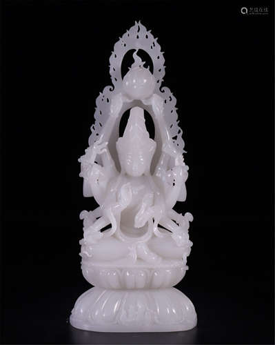 CHINESE WHITE JADE SEATED THOUSAND ARMS GUANYIN ON STAND