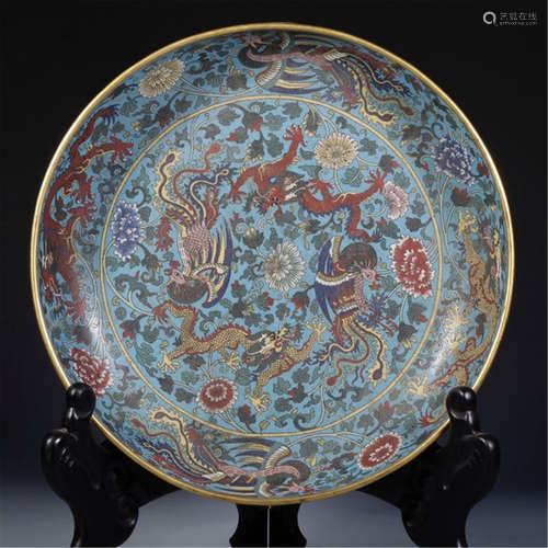 CHINESE CLOISONNE DRAGON AND PHOENIX CHARGER