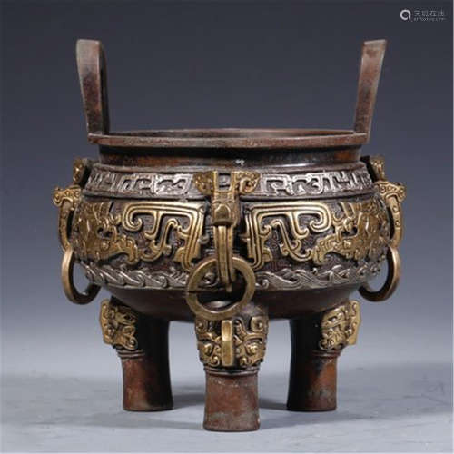 CHINESE GILT SILVER INLAID BRONZE BEAST TRIPLE FEET LOOP HANDLED CENSER