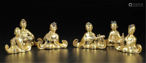 FIVE CHINESE GILT BRONZE SEAETED MUSICAN