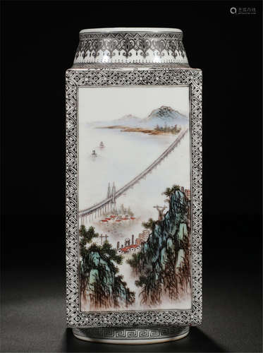 CHINESE PORCELAIN FAMILLE ROSE MOUNTAIN VIEWS SQUARE VASE