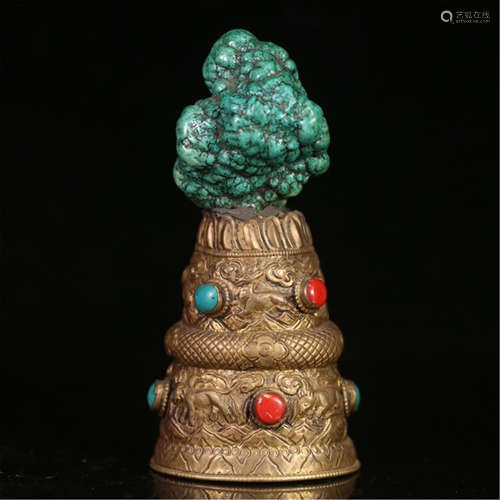 TIBETAN TURQUOISE GEM STONE INLAID GILT BRONZE BUDDHIST RITAL ITEM