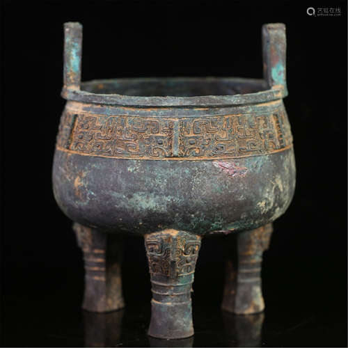 CHINESE ANCIENT BRONZE TRIPLE FEET ROUND CENSER