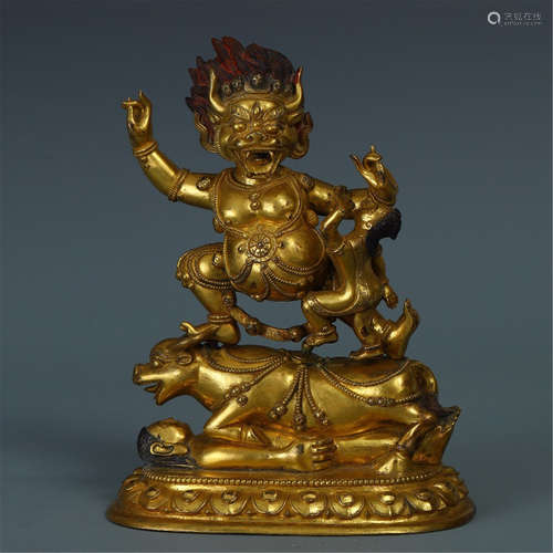 TIBETAN GILT BRONZE SAMANTAKA ON OX