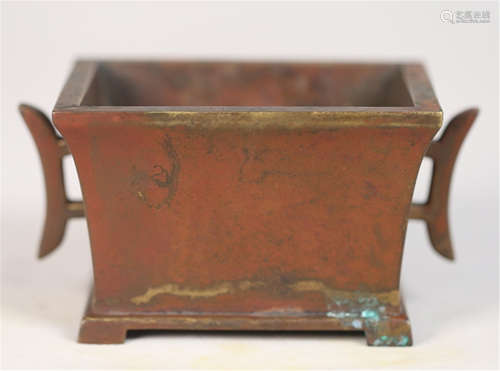 CHINESE BRONZE HANDLED SQUARE CENSER