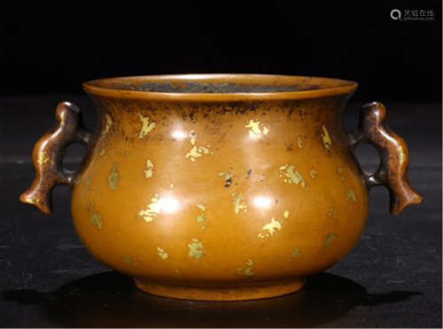 CHINESE PARTLY GOLD BRONZE HANDLED ROUND CENSER