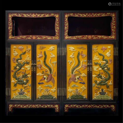 PAIR OF CHINESE GEM STONE INLAID YELLOW LACQUER HARDWOOD ZITAN DOUBLE DOOR CABINET