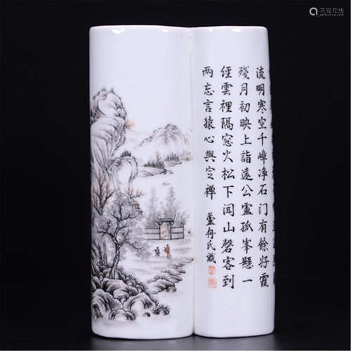 CHINESE PORCELAIN FAMILLE ROSE MOUNTAIN VIEW AND POEM PAPER WEIGHT