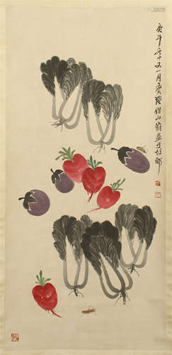 CHINESE SCROLL PAINTING OF CABBAGE AND RADDISH