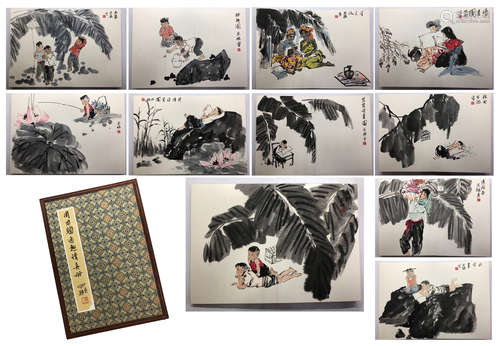 TWEELVE PAGES OF CHINESE ALBUM PAINTING OF PEOPLE IN WOOD