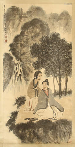 CHINESE SCROLL PAINTING OF PEOPLE IN MOUNTAIN