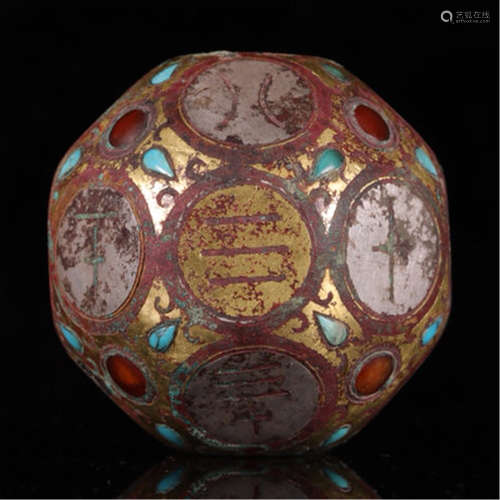 CHINESE SILVER GOLD TURQUOISE INLAID BRONZE DICE