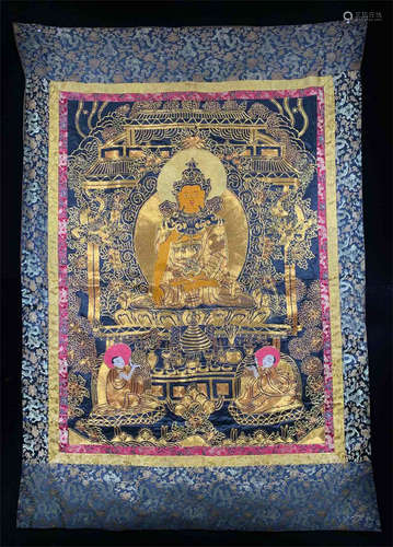 TIBETAN GOLD THREAD EMBROIDERY THANGKA OF SEATED BUDDHA