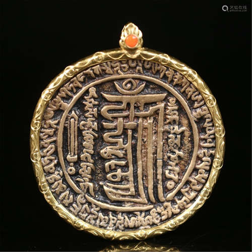 TIBETAN BRONZE BUDDHIST ROUND PLAQUE PENDANT