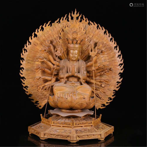 CHINESE CAMPHOR WOOD SEATED GUANYIN ON NICHE