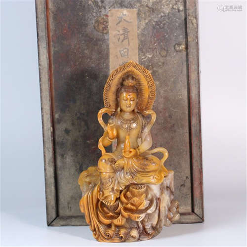 CHINESE SOAPSTONE SEATED GUANYIN ON LOTUS STAND