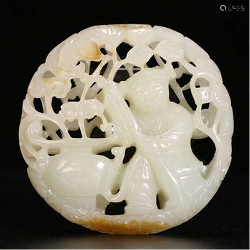 CHINESE WHITE JADE BOY AND LOTUS ROUND PLAQUE