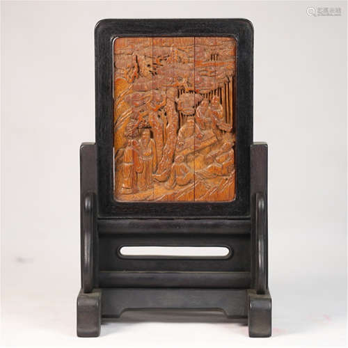 CHINESE BAMBOO MAN IN BAMBOO PLAQUE ROSEWOOD TABLE SCREEN