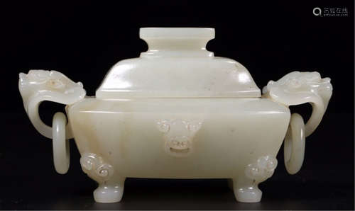 CHINESE WHITE JADE BEAST LOOP HANDLE LIDDED SQUARE CENSER