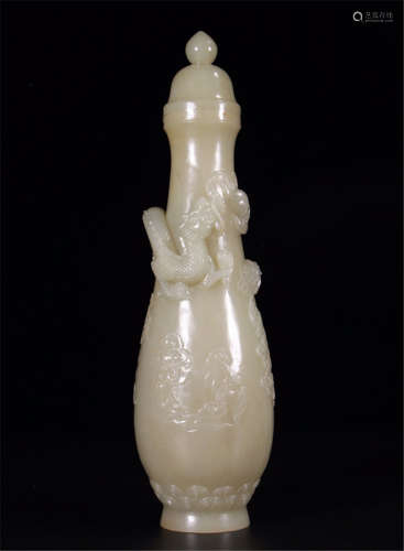 CHINESE GREY JADE DRAGON LIDDED VASE