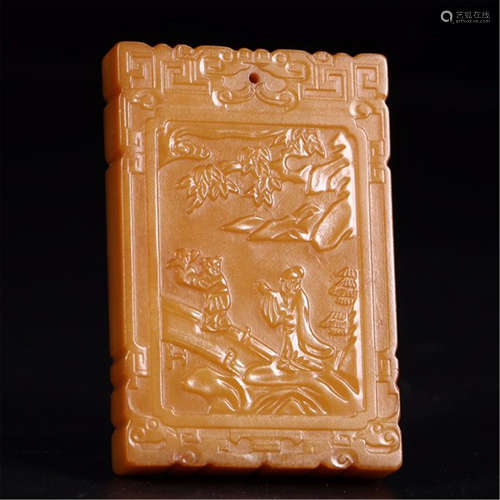 CHINESE YELLOW JADE MAN IN GARDEN SQUARE PLAQUE