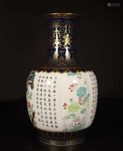 CHINESE PORCELAIN FAMILLE ROSE LOTUS AND POEM VASE