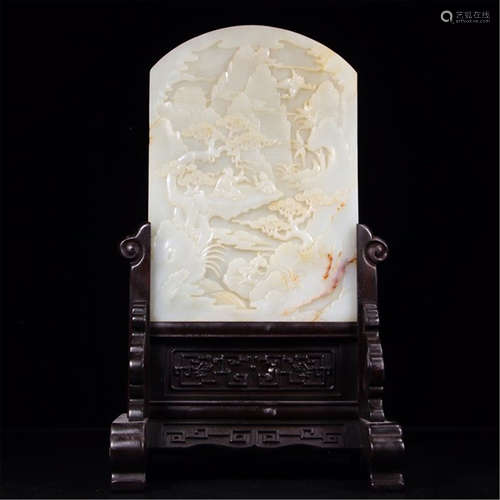 CHINESE WHITE JADE PLAQUE ROSEWOOD TABLE SCREEN