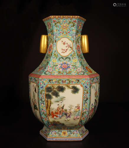 CHINESE PORCELAIN FAMILLE ROSE BOY PLAYING HEXAGONAL VASE